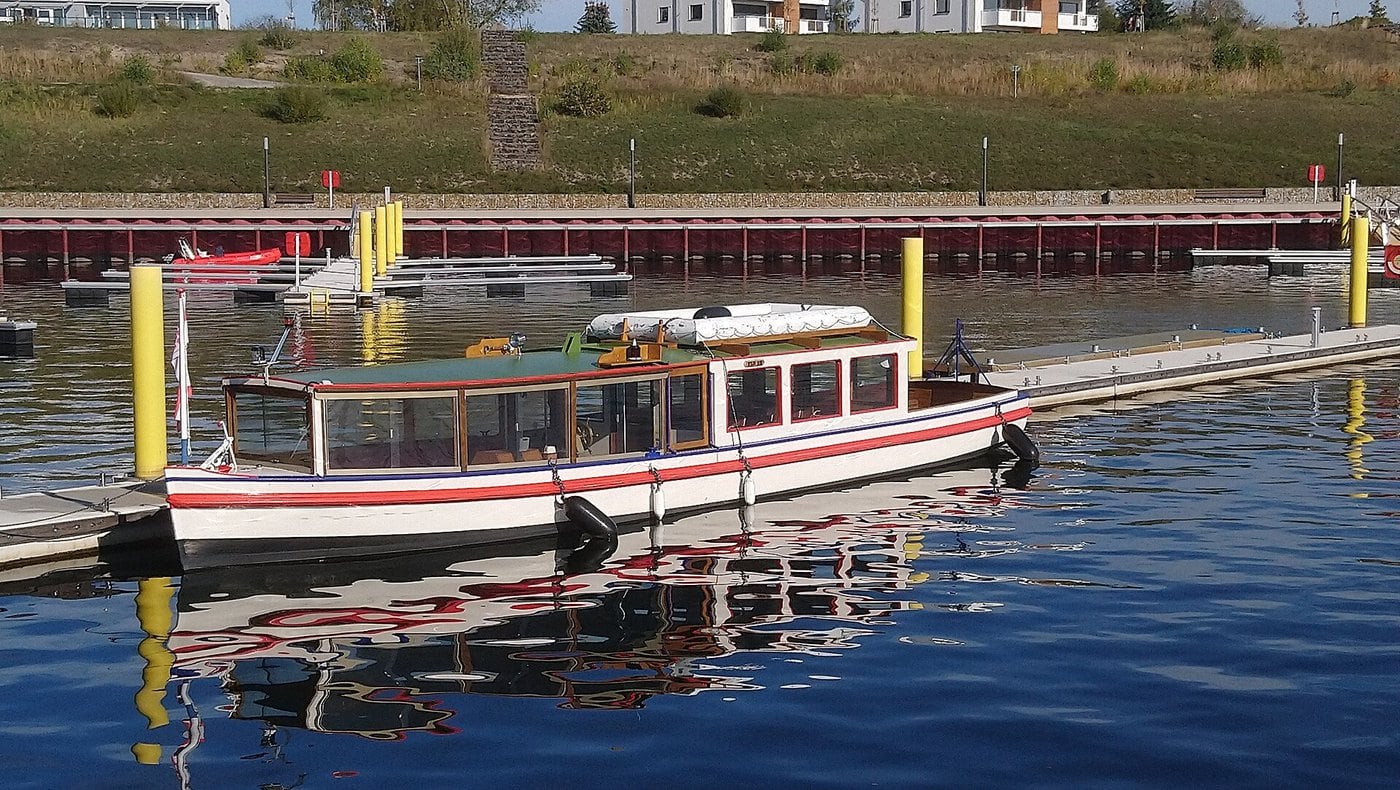 Blick über den Großräschener See mit Uferbewuchs