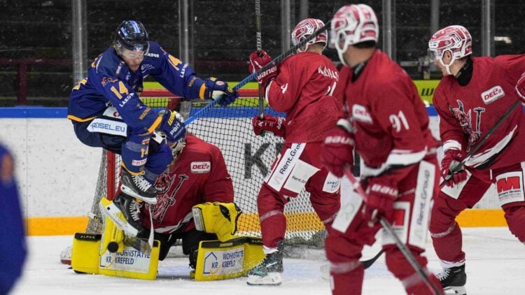 Spieler der Lausitzer Füchse im blauen Trikot bedrängt den Torhüter des EC Bad Nauheim vor dem Tor