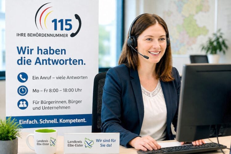 Mitarbeiterin mit Headset am Arbeitsplatz neben einem Aufsteller zur Behördennummer 115