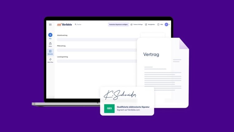 Laptop-Ansicht einer Software fuer elektronische Signaturen mit Vertragsdokument und qualifizierter Signatur