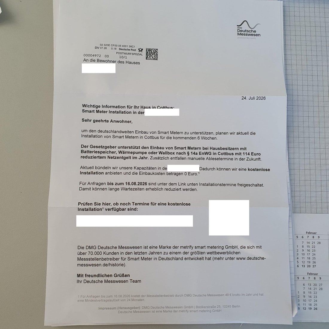 Anschreiben der DMG Deutsche Messwesen GmbH zum Wechsel des Stromzählers