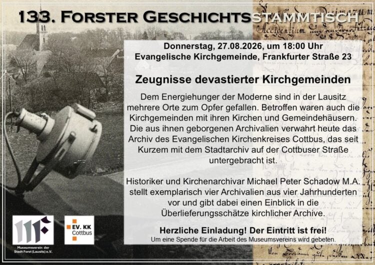 Ankündigungsplakat des 133. Forster Geschichtsstammtischs zu kirchlichen Archivalien