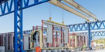 Fertigung von Außenwandelementen für Wohngebäude in einer Werkhalle von Goldbeck