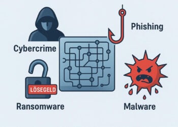 Illustration der vier häufigsten Cyberbedrohungen für Unternehmen: Cybercrime, Phishing, Ransomware und Malware