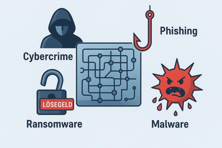 Illustration der vier häufigsten Cyberbedrohungen für Unternehmen: Cybercrime, Phishing, Ransomware und Malware