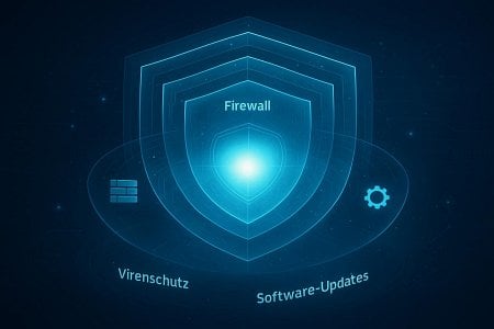Schutzschild-Grafik mit den Elementen Firewall, Virenschutz und Software-Updates
