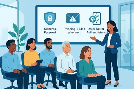 Schulungssituation im Büro: Referentin erklärt sichere Passwörter, das Erkennen von Phishing-Mails und Zwei-Faktor-Authentifizierung