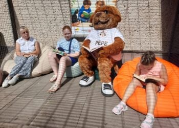 Kinder lesen auf Sitzsäcken im Katzengehege des Forster Tierheims vor
