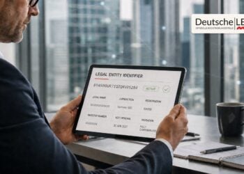 Geschäftsmann prüft einen aktiven LEI-Code und verifizierte Unternehmensdaten auf einem Tablet vor der Frankfurter Skyline.