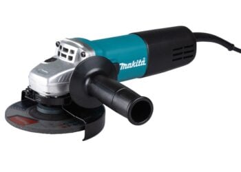 Makita Winkelschleifer in Tuerkis und Schwarz mit montierter Trennscheibe und Schutzhaube