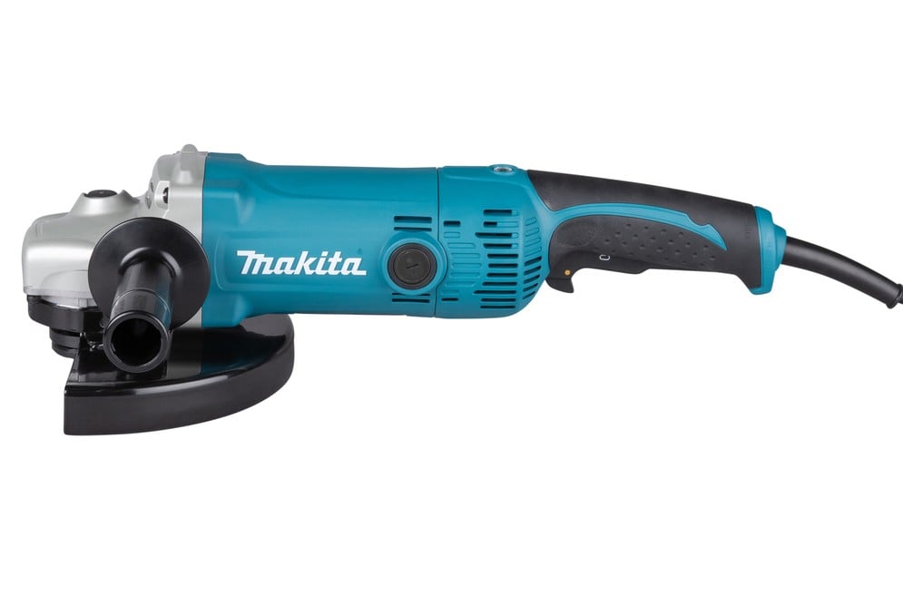 Grosser Makita Winkelschleifer in der Seitenansicht mit Zusatzhandgriff und Schutzhaube