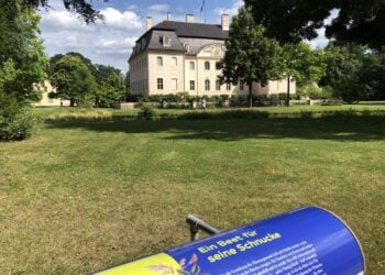 Schloss Branitz mit einer Stele der Open-Air-Ausstellung im Vordergrund