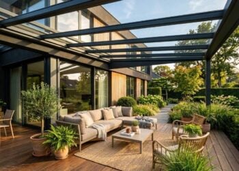 Überdachte Terrasse mit Aluminium-Konstruktion und Glasdach an einem modernen Wohnhaus, davor Loungemöbel und Pflanzen