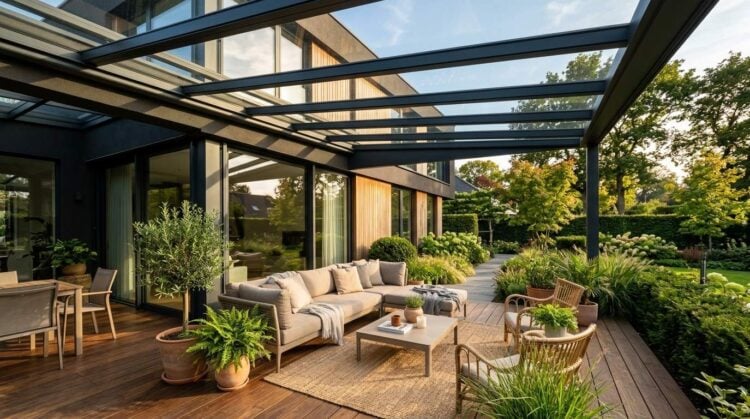 Überdachte Terrasse mit Aluminium-Konstruktion und Glasdach an einem modernen Wohnhaus, davor Loungemöbel und Pflanzen