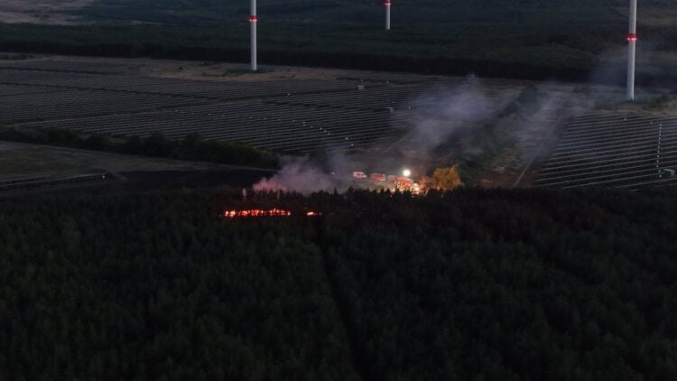 Luftaufnahme der Brandfläche zwischen Solarpark und Wald bei Schipkau