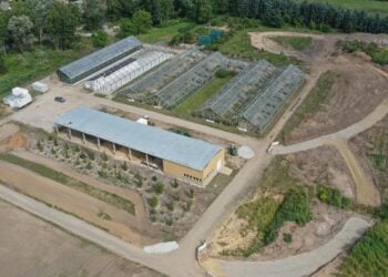 Luftbild von Gewächshäusern und Kulturflächen der Branitzer Baumuniversität