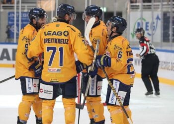 Die Lausitzer Füchse bejubeln in der Eisarena Weißwasser einen Treffer um Kapitän Clarke Breitkreuz