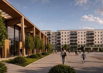 Visualisierung des Quartiers Zuschka mit Wohnblock, Platz und Neubau