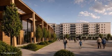 Visualisierung des Quartiers Zuschka mit Wohnblock, Platz und Neubau
