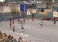 Handballspiel in einer Sporthalle, Spieler in roten und weißen Trikots im Angriff