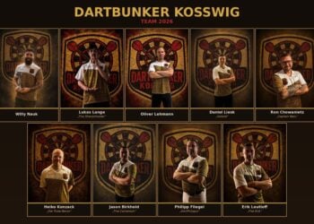 Plakat mit den Porträts von neun Dartspielern