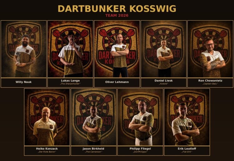 Plakat mit den Porträts von neun Dartspielern