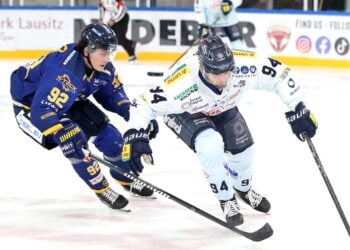 Ein Spieler der Lausitzer Füchse im Zweikampf in der Eisarena Weißwasser