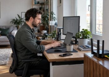 Schreibtisch im Homeoffice mit Laptop und Router