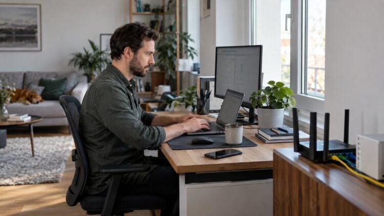Schreibtisch im Homeoffice mit Laptop und Router