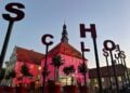 Beleuchteter Schlossturm bei der Museumsnacht in Lübben