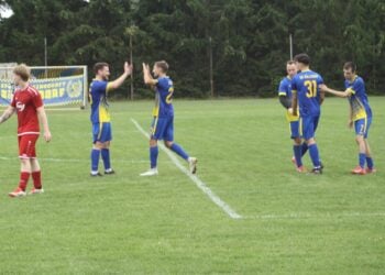 Fußballer in blau-gelben Trikots klatschen sich auf dem Platz ab