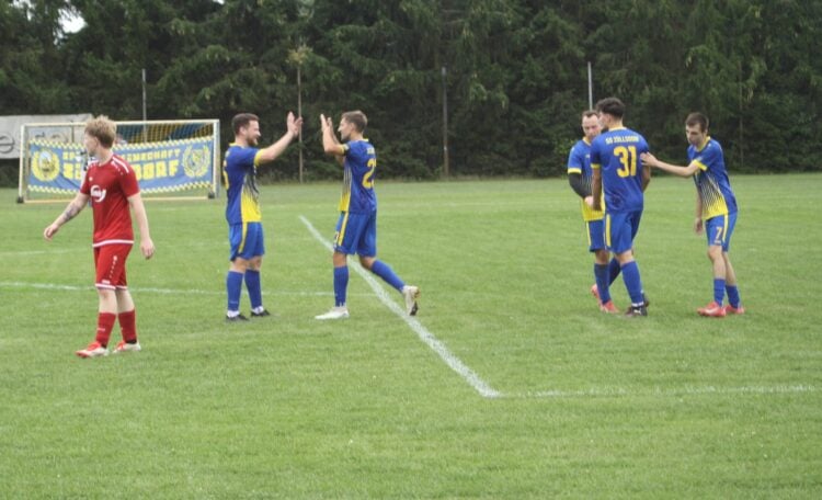 Fußballer in blau-gelben Trikots klatschen sich auf dem Platz ab