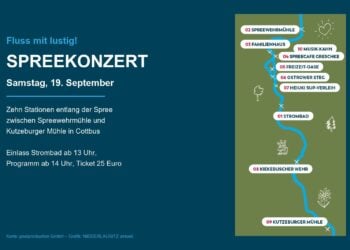 Karte mit den zehn Stationen des Spreekonzerts entlang der Spree in Cottbus
