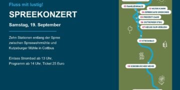 Karte mit den zehn Stationen des Spreekonzerts entlang der Spree in Cottbus