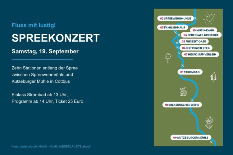 Karte mit den zehn Stationen des Spreekonzerts entlang der Spree in Cottbus