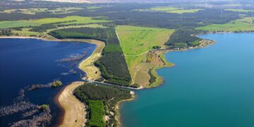 Luftbild der Landzunge zwischen Sedlitzer und Partwitzer See im Lausitzer Seenland