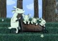 Knetfiguren einer Ziegenfamilie auf einem Lastenrad aus dem Film im Spatzenkino