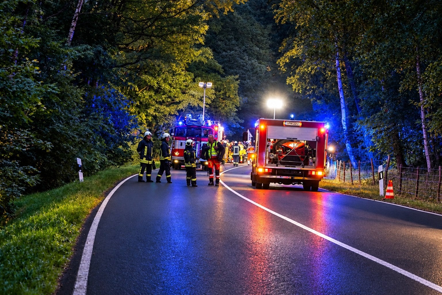Einsatzkräfte der Feuerwehr auf der gesperrten Bundesstraße 156