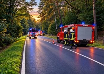 Feuerwehrfahrzeuge an der gesperrten B156 zwischen Schönheide und Wolfshain