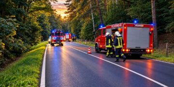Feuerwehrfahrzeuge an der gesperrten B156 zwischen Schönheide und Wolfshain