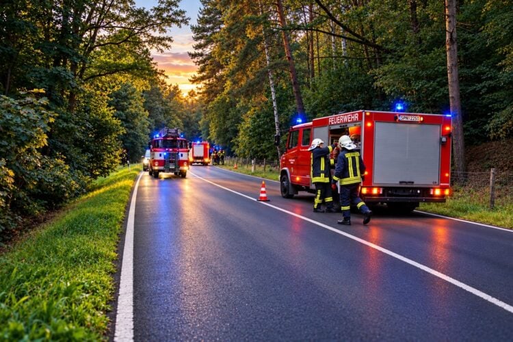 Feuerwehrfahrzeuge an der gesperrten B156 zwischen Schönheide und Wolfshain