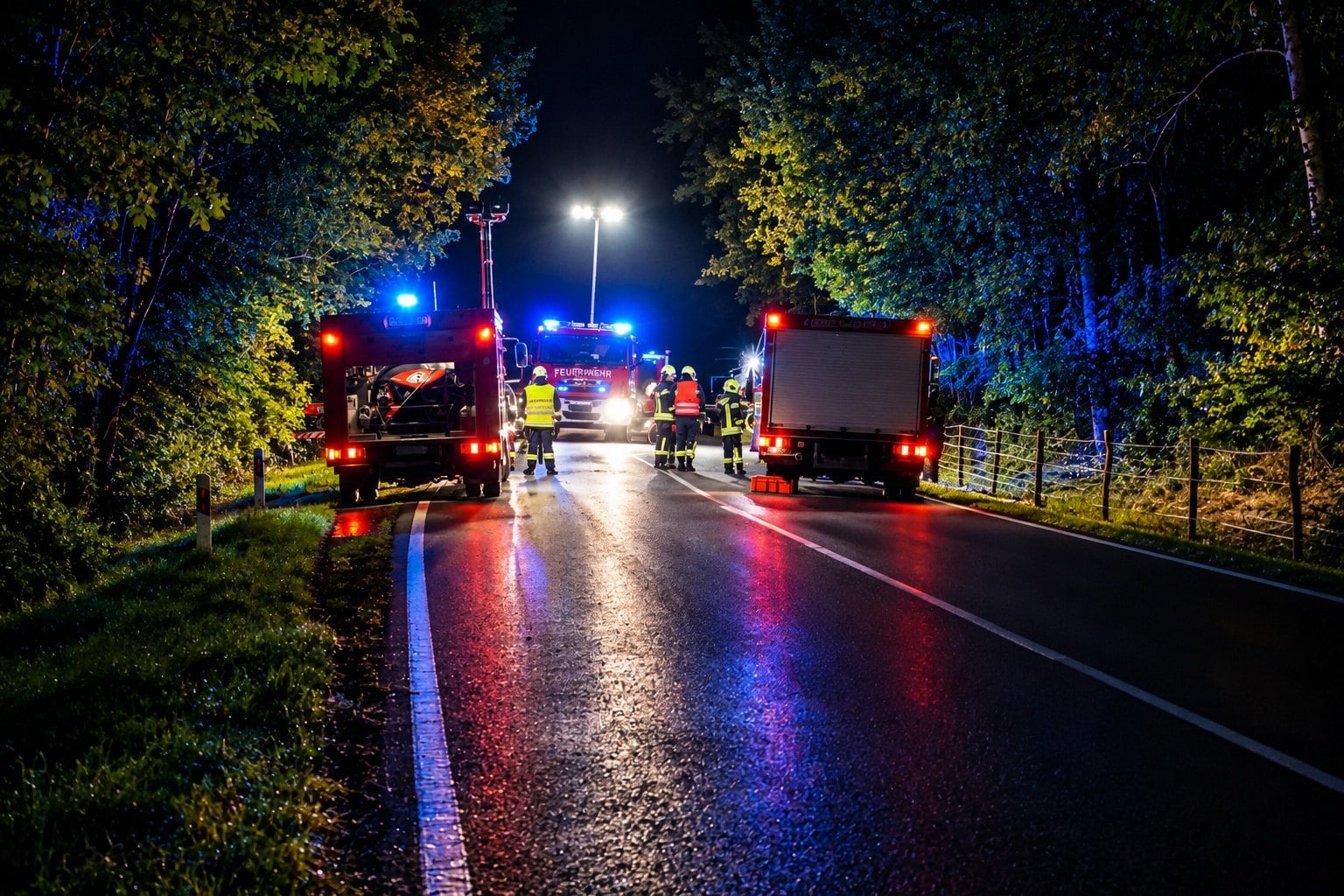 Einsatzfahrzeuge mit Blaulicht bei Dunkelheit auf der B156