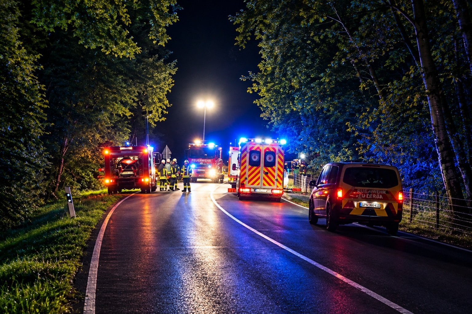 Rettungswagen und Feuerwehrfahrzeuge an der Unfallstelle auf der B156