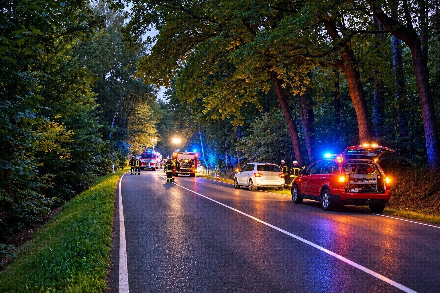 Einsatzfahrzeuge am Straßenrand der B156 in der Abenddämmerung