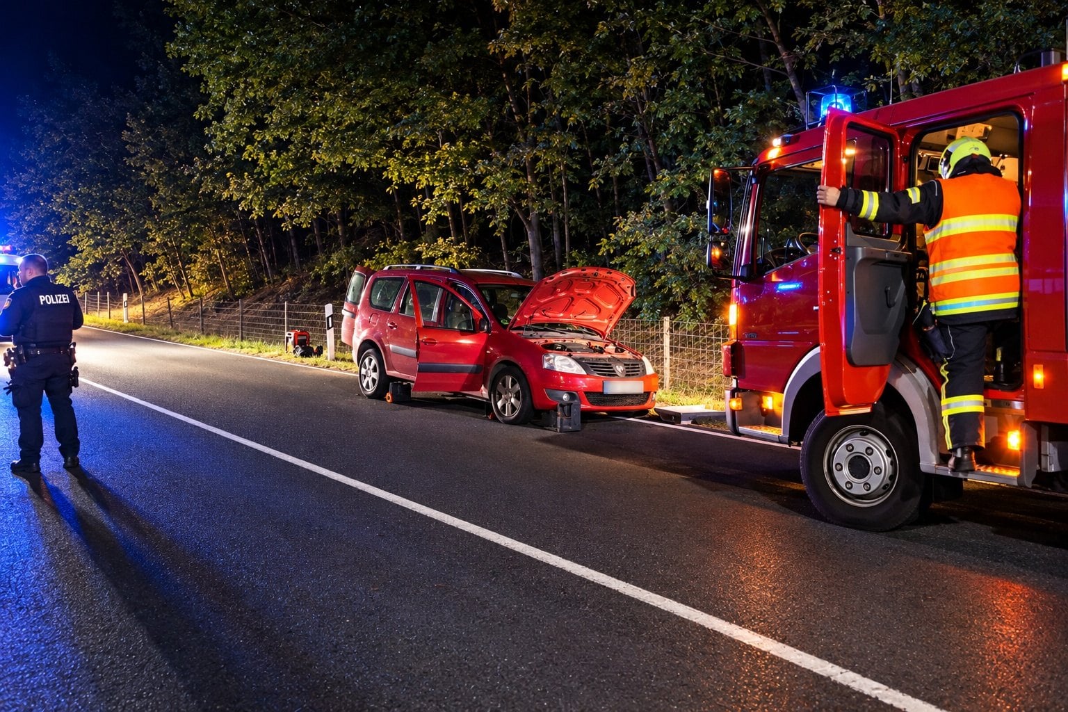 Beschädigtes Auto mit geöffneter Motorhaube am Rand der B156