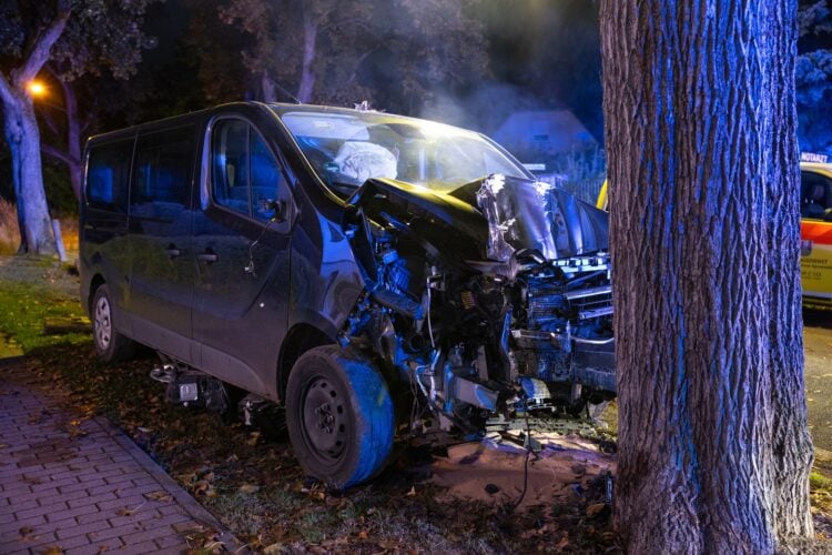 Beschädigter Transporter nach dem Aufprall an einem Baum in Motzen