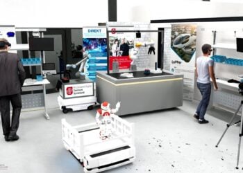 Virtuelle Nachbildung einer Fabrikhalle mit Transportrobotern an der BTU