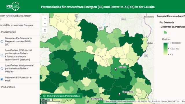 Karte aus dem Potenzialatlas mit dem Potenzial für erneuerbare Energien je Gemeinde in der Lausitz