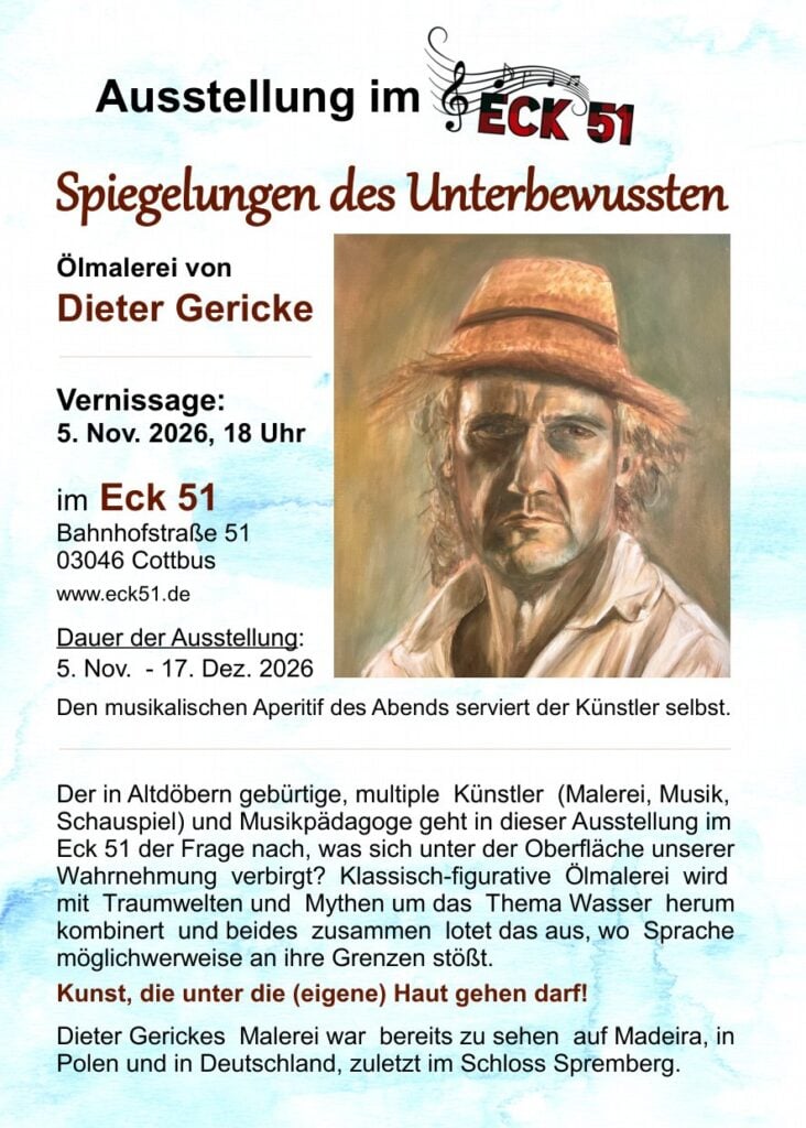 Flyer zur Ausstellung Spiegelungen des Unterbewussten von Dieter Gericke im Eck 51