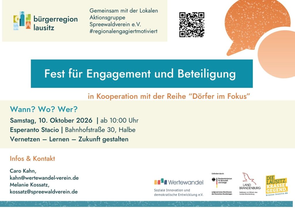 Grafik zum Fest für Engagement und Beteiligung am 10. Oktober 2026 in der Esperanto-Stacio Halbe
